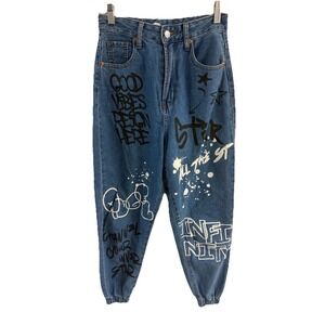 SONG WOMENS JEANS SIZE 0/24 GRAFFITI JOGGER HIGH RISE‎ MOM ART HIPHOP RAP DENIM